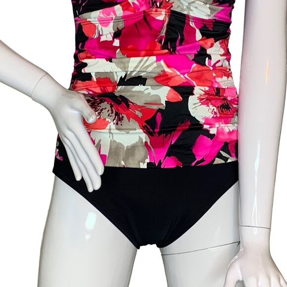 Aqua Green One Piece Swimsuit Padded Floral Pink Print Black bottom Small Halter - Picture 10 of 13